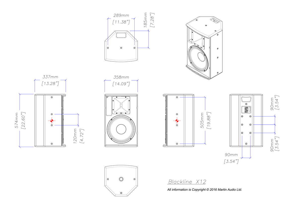 Technical drawing for X12B - 12" Passive Two-way Portable Loudspeaker